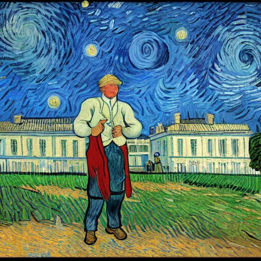 Prompt: donald trump as an 1890s french peasant in front of the white house painted by vincent van gogh