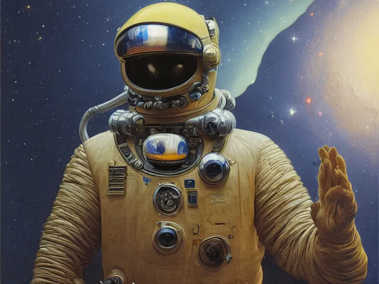 Image similar to a detailed profile oil painting of pilot in a spacesuit with reflective visor, flight suit, portrait symmetrical and science fiction dieselpunk theme with aurora lighting by beksinski carl spitzweg and tuomas korpi. baroque elements, full-length view. baroque element. intricate artwork by caravaggio. Trending on artstation. 8k