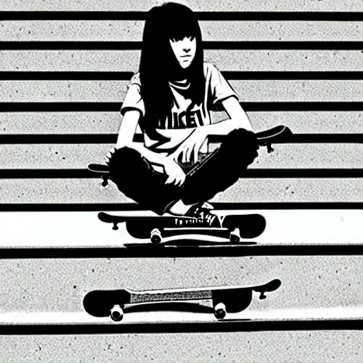 Image similar to skater girl sitting on steps by scott pilgrim, by bryan lee o'malley