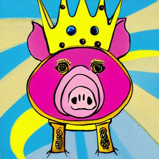 Prompt: pig wearing a simple gold crown in the style of peter max