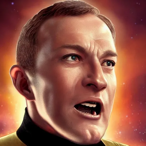 Image similar to photograph of captain j. kirk from star trek screaming in terror. sharp photograph, sharp focus, highly detailed,, detailed face!!, ultra realism, dramatic lighting, zeiss lens, canon eos, detailed skin, dynamic pose, 8 k resolution, hyperrealism, portrait photography, art by artgerm and greg rutkowski and alphonse mucha