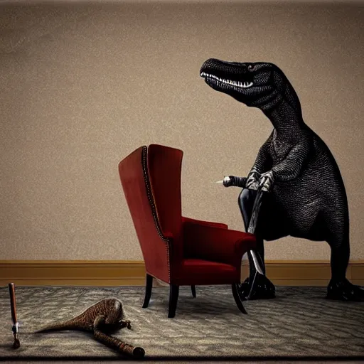 Image similar to dinosaur smoking a cigar sitting in a chair wearing a smoking jacket realistic hdr