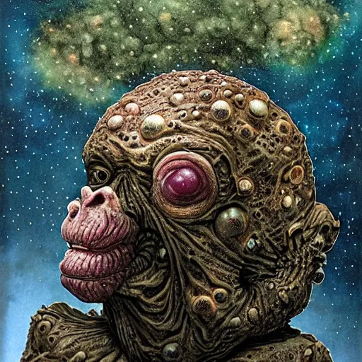 Image similar to measles on a deformed hideous pustule covered monkey, sores, bumps, skin wounds, surface hives, growths, horror, fantasy, highly detailed, by Dan Hillier, ooze, slime, in background nebula of bacteriophages