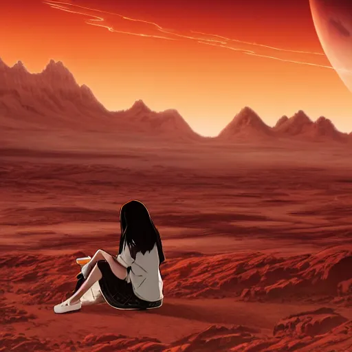 Prompt: Anime still of Lana Del Rey on Mars, sitting on a Martian rock, smoking a cigarette, reddish atmosphere with detailed highlights, dark gloomy sky cascading upon the atmosphere, well-detailed ornate Martian mountains in the background, trending on artstation, 4k, 8k