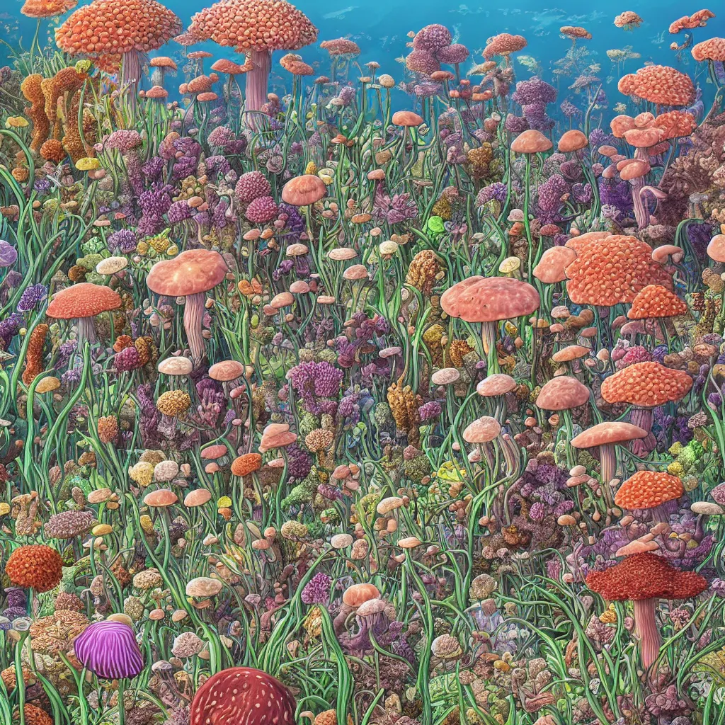 Prompt: highly detailed illustration of all the known species of plants, flowers, corals, mushrooms and jellyfish by juan gatti, by makoto shinkai, by moebius!, by oliver vernon