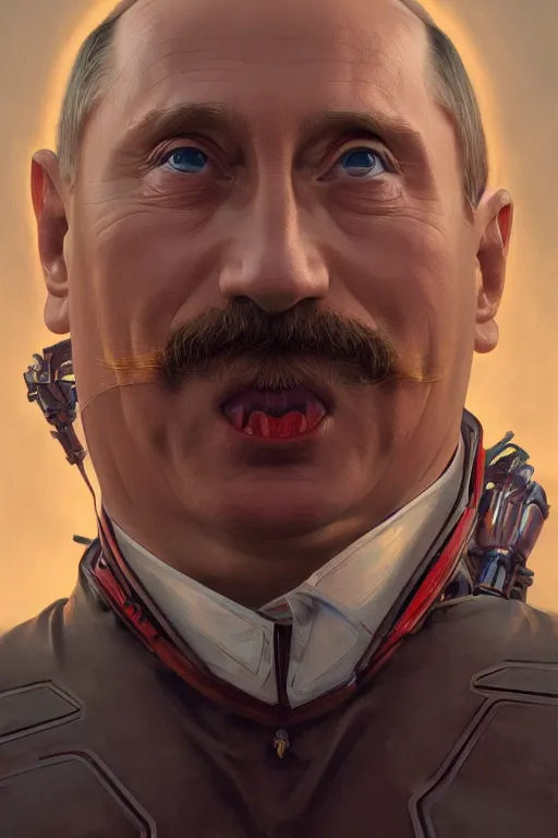 Image similar to vladimir putin as a robotnik, realistic portrait, symmetrical, highly detailed, digital painting, artstation, concept art, smooth, sharp focus, illustration, cinematic lighting, art by artgerm and greg rutkowski and alphonse mucha