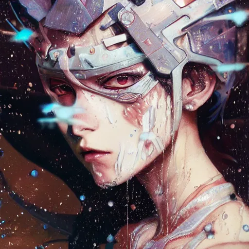 Image similar to painting of an anime punk cyborg woman, water particles floating in the air, finely detailed facial features, weathered drawing, film grain, painted art by tsuyoshi nagano, greg rutkowski, artgerm, alphonse mucha, spike painting