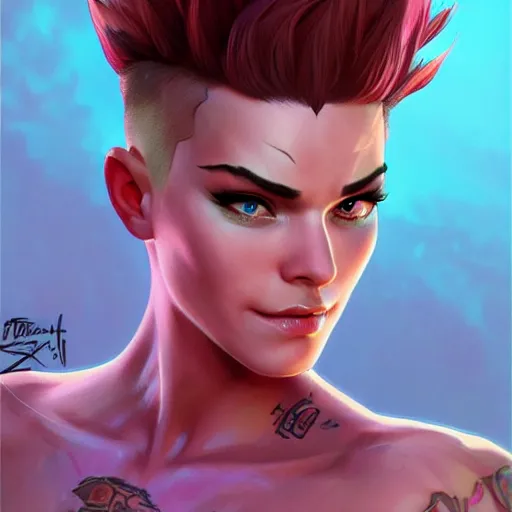 Prompt: character portrait of Zarya from Overwatch, pink short spiky hair, shaved side of hair, intricate, wild, highly detailed, digital painting, artstation, upper body, concept art, smooth, sharp focus, illustration, art by artgerm and greg rutkowski and alphonse mucha