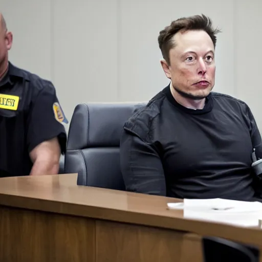 Prompt: Elon Musk in a trial in court, court photo,