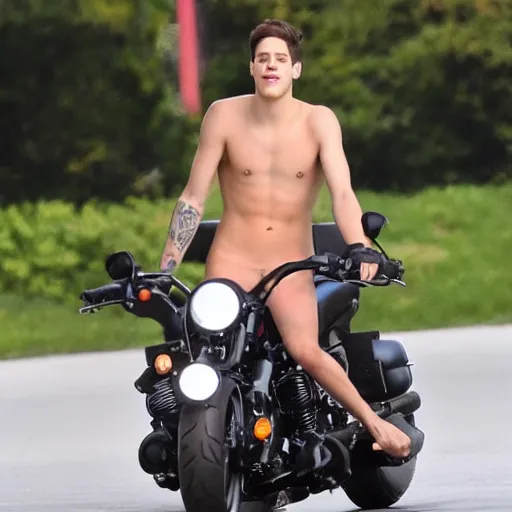 Image similar to pete davidson wearing a bikini on a motorcycle with long flowing hair