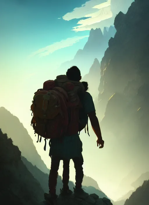 Prompt: traveler wanderer with a backpack on his back, a man goes through the mountains to meet adventures, cinematic view, epic sky, detailed, concept art, low angle, high detail, warm lighting, volumetric, godrays, vivid, beautiful, trending on artstation, by jordan grimmer, huge scene, grass, art greg rutkowski