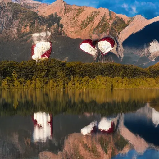 Image similar to photo of two black swans touching heads making a heart with their necks, in a beautiful reflective mountain lake, a colorful hot air balloon is reflecting off the water