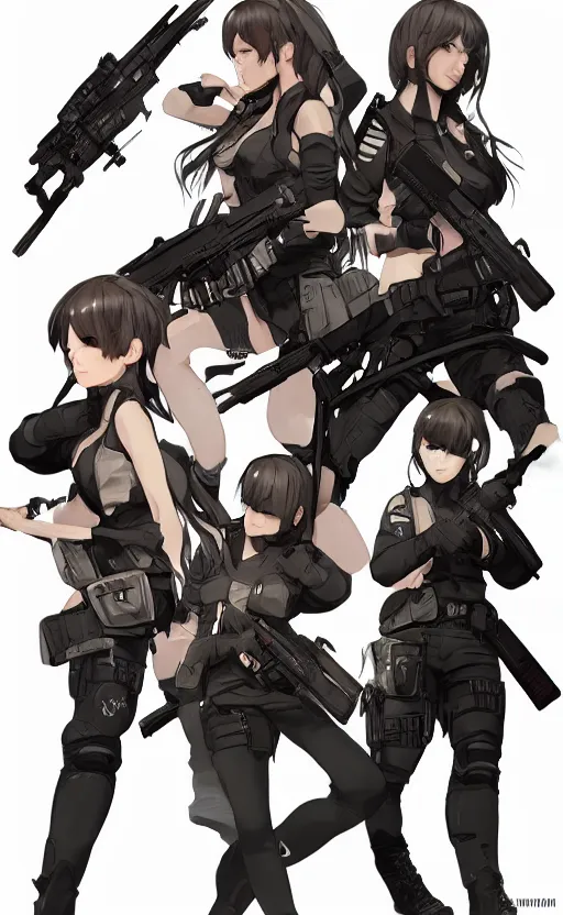 Image similar to highly detailed, high resolution, character design art, stunning, volumetric lightning, realistic guns, girls frontline style, matte, sharp focus, 150mm, illustration, artstation, by kuvshinov ilya, professional result, realistic anatomy, simple design