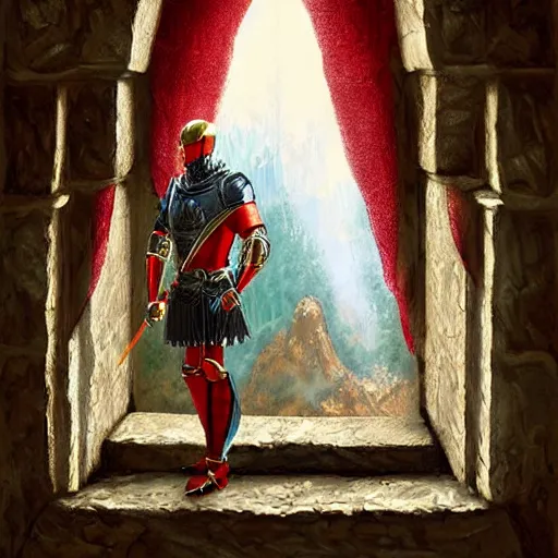 Image similar to knight, fantasy art, located in a castle, red armor, morning sunlight through the window, decorated, high quality, highly detailed,