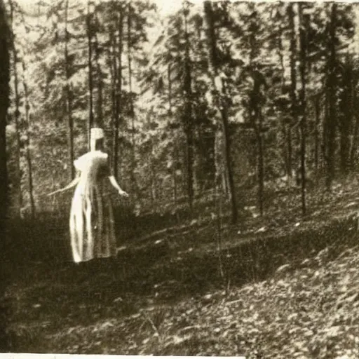 Image similar to old creepy photo with a lifeless body hovering above the trees