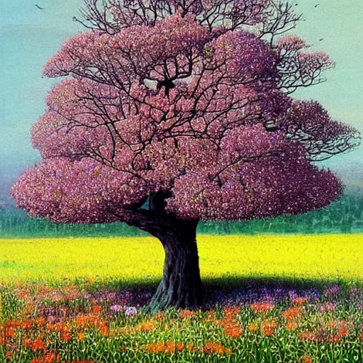 Image similar to a beautiful painting of a gigantic mystic tree in a field of flowers by moebius