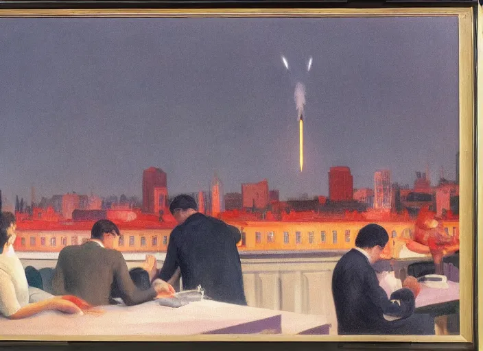 Prompt: crowd of tired working citizens carrying their daily routines on the backdrop of missiles exploding residential buildings, DSLR 35mm, by Edward Hopper