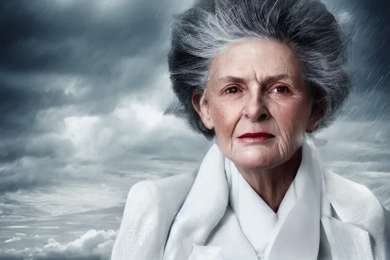 Image similar to a realistic cinematic headshot portrait of an old beautiful woman on top of skyscaper, wearing futuristic white suit, ceo, 4 k, ultra realistic, dramatic lighting, rain, clouds, fog, vogue, fashion, magazine spread, by annie leibovitz