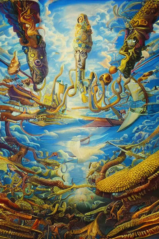 Image similar to surrealist painting full of subtle hints, mystic characters and misleading perspectives, ultrastation hq, 8 l, hyperrealistic, very highly detailed