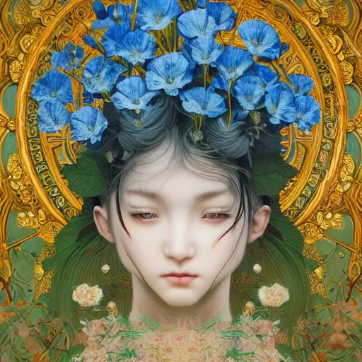 Image similar to breathtaking detailed concept art painting of the goddess of nemophila flowers, orthodox saint, with anxious, piercing eyes, ornate background, amalgamation of leaves and flowers, by Hsiao-Ron Cheng, James jean, Miho Hirano, Hayao Miyazaki, extremely moody lighting, 8K