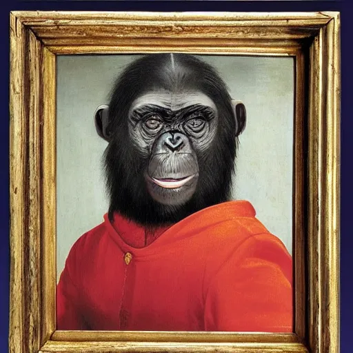 Prompt: A renaissance painting of a chimpanzee in military uniform