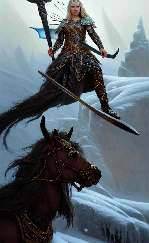 Image similar to iridescent viking warrior, regal, elegant, winter, snow, beautiful, stunning, hd, illustration, epic, d & d, fantasy, intricate, elegant, highly detailed, wide angle, digital painting, artstation, concept art, smooth, sharp focus, illustration, wallpaper, art by artgerm and greg rutkowski and alphonse mucha and jin xiaodi