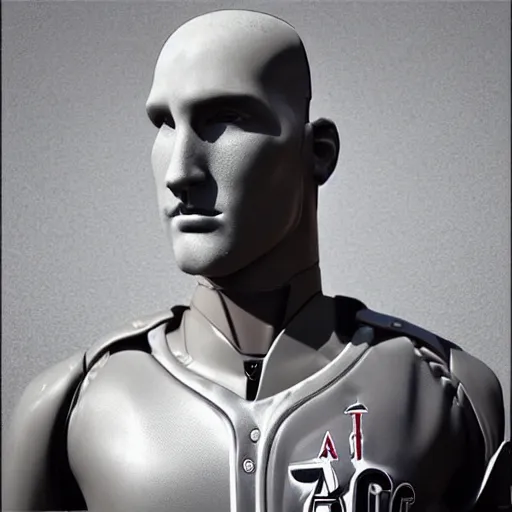Image similar to “a realistic detailed photo of a guy who is an attractive humanoid who is half robot and half humanoid, who is a male android, baseball player Mike Trout, shiny skin, posing like a statue, blank stare”