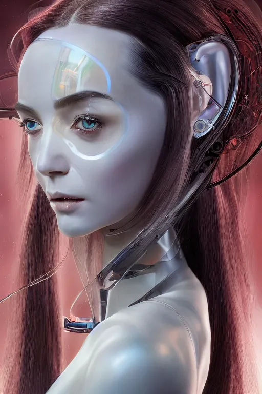 Image similar to a beautiful half body image of a futuristic android with body made of translucent plastic, long hair made of colored cellophane with mechanical internal parts, symmetrical and realistic proportions by Irakli Nadar, tom bagshaw, Charlie Bowater with details by Jason Felix, furio tedeschi, face by ilya kuvshinov, artgerm, cinematic backlit lighting, beauty retouch, elite, photo realistic, octane render, hyper real, ultra detailed, trending on artstation pinterest and deviantart