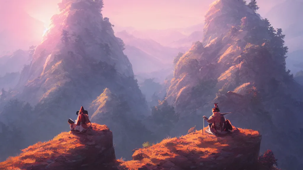 Image similar to samurai resting on a mountain top, cool hazy sky, by sylvain sarrailh, rossdraws, ambient light, ultra detailed, fantasy artwork, 8 k, volumetric lighting, trending on artstation, award winning, very beautiful.