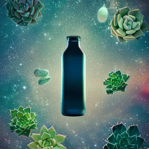 Image similar to Octane render of a cosmic bottle filled with succulents floating in space