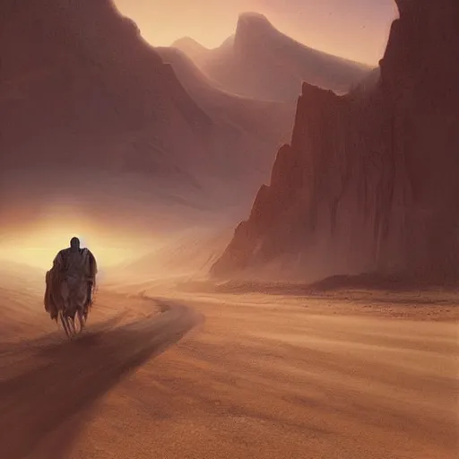 Prompt: kayne west traveling through the desert, painting by Greg Rutkowski, at dawn