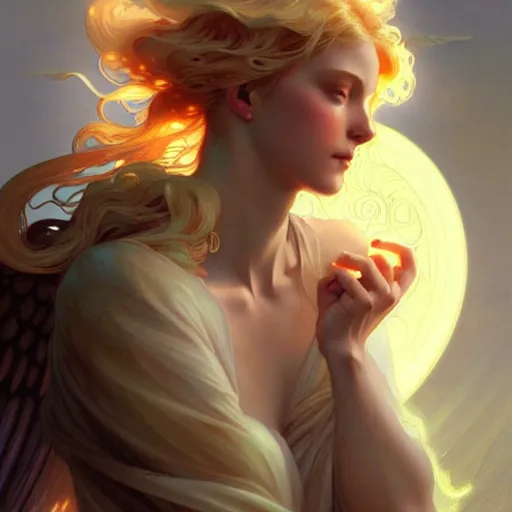 Prompt: Winged girl angel with blonde hair and glowing halo, fantasy, intricate, elegant, highly detailed, digital painting, artstation, concept art, smooth, sharp focus, illustration, art by Krenz Cushart and Artem Demura and alphonse mucha