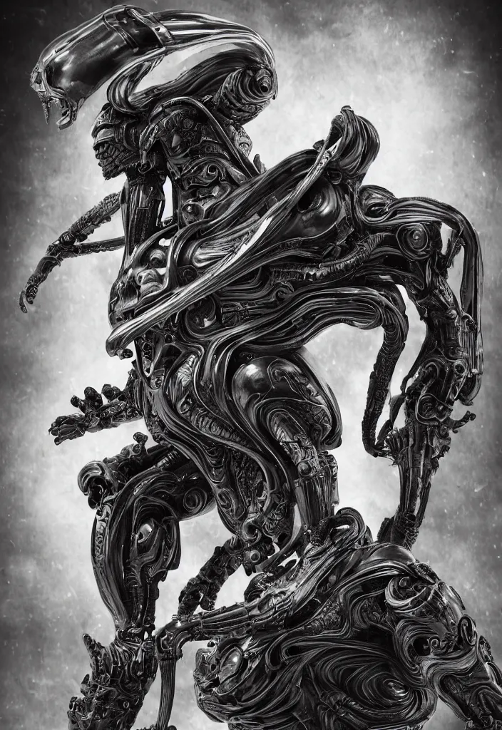 Image similar to engineer prometheus, xenomorph alien, highly detailed, symmetrical long head, smooth marble surfaces, detailed ink illustration, raiden metal gear, cinematic smooth stone, deep aesthetic, concept art, post process, 4k, carved marble texture and silk cloth, latex skin, highly ornate intricate details, prometheus, evil, moody lighting, hr geiger, hayao miyazaki, indsutrial Steampunk