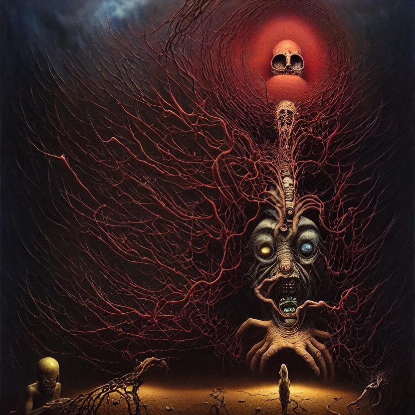 Prompt: a bizarre nightmare, cosmic horror, by zdzisław beksinski and greg rutkowski and esao andrews and salvador dali, oil on canvas, mixed media, abstract, artstation, surreal, hell, horror, dark, intricate textures