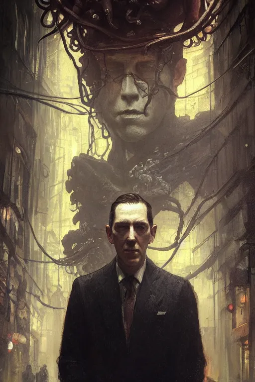 Image similar to , h p lovecraft with octopus tentacles hyperrealistic portrait, bladerunner street, art of elysium by jeremy mann and alphonse mucha and greg rutkowski, fantasy art, photo realistic, dynamic lighting, artstation, poster, volumetric lighting, very detailed face, 4 k, award winning