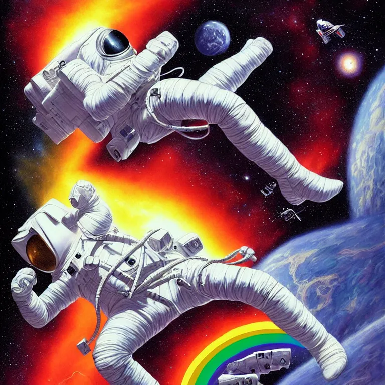 Image similar to astronaut at the rainbow bridge. paul gulacy. philip caza. artgerm.