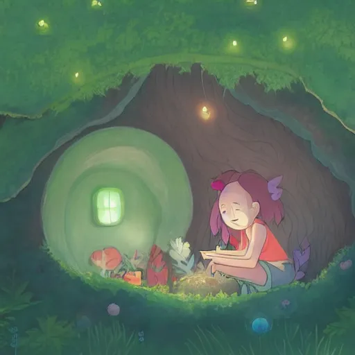 Image similar to a faerie and firefly couple living inside a hollow in a tree, masterpiece soft focus painting by kerascoet by marie pommepuy and sebastien cosset by studio ghibli, dynamic lighting