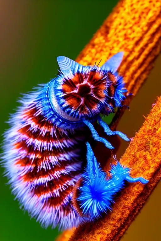 Image similar to high quality macro photo cute puss moth caterpillar! highly detailed hannah yata elson peter cinematic blue lighting high quality low angle hd 8k sharp shallow depth of field