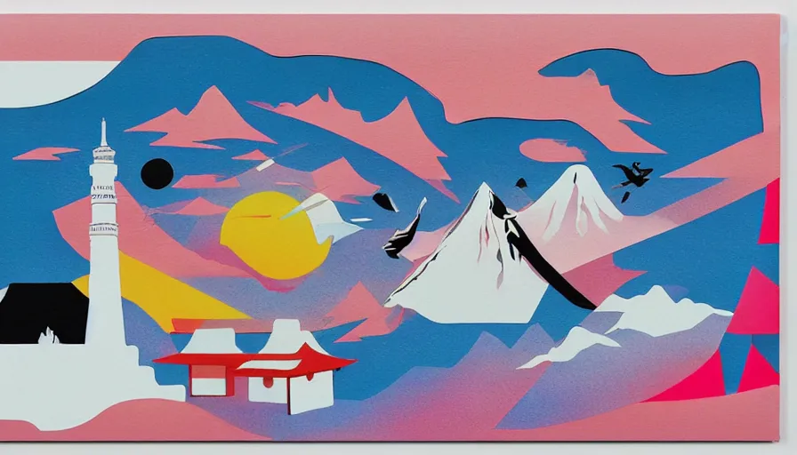 Image similar to Japan travel and adventure isolated on a minimalist negative space predominant white acrylic base coat, surreal minimalist perfect geometry coherent motif mixed media collage acrylic airbrush painting by Jules Julien, Leslie David and Lisa Frank, muted colors with minimalism, neon color mixed collage cutout details