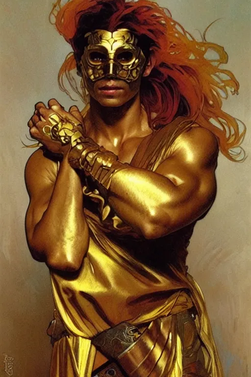 Image similar to A man wearing golden mask, hair like fire, muscular, painting by greg rutkowski and alphonse mucha