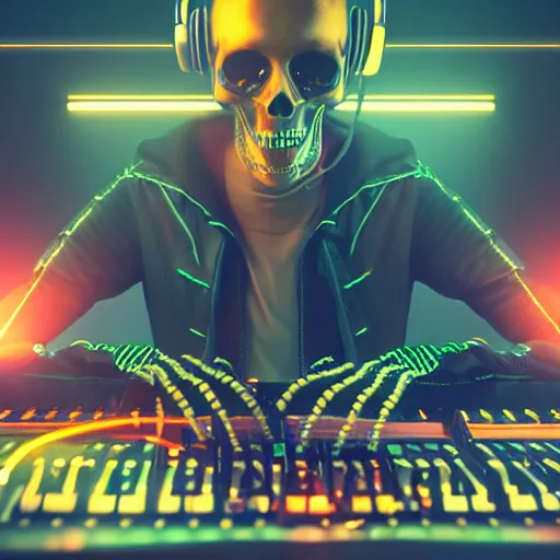 Image similar to cyberpunk skeleton with headphones playing synthesizer, smoke, lights, lasers, highly detailed, realistic,