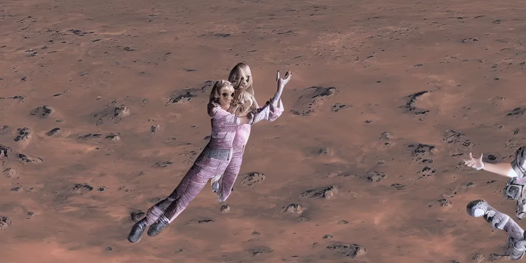 Image similar to elon musk and margot robbie holding hands on mars, highly detailed, hyper realistic