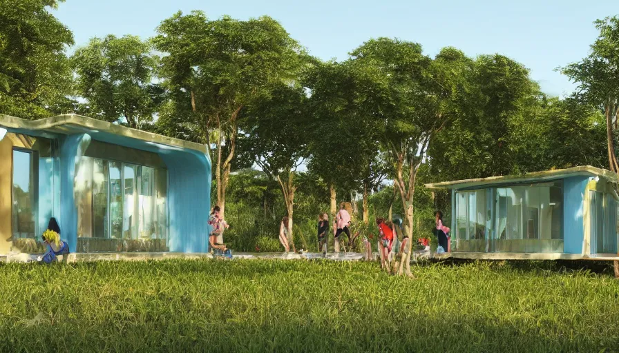 Image similar to A wide image of an eco-community neighborhood of innovative contemporary 3D printed prefab sea ranch style cabins with rounded corners and angles, beveled edges, made of cement and concrete, organic architecture, in a lush green eco community with side walks, parks and public space , Designed by Gucci and Wes Anderson, golden hour