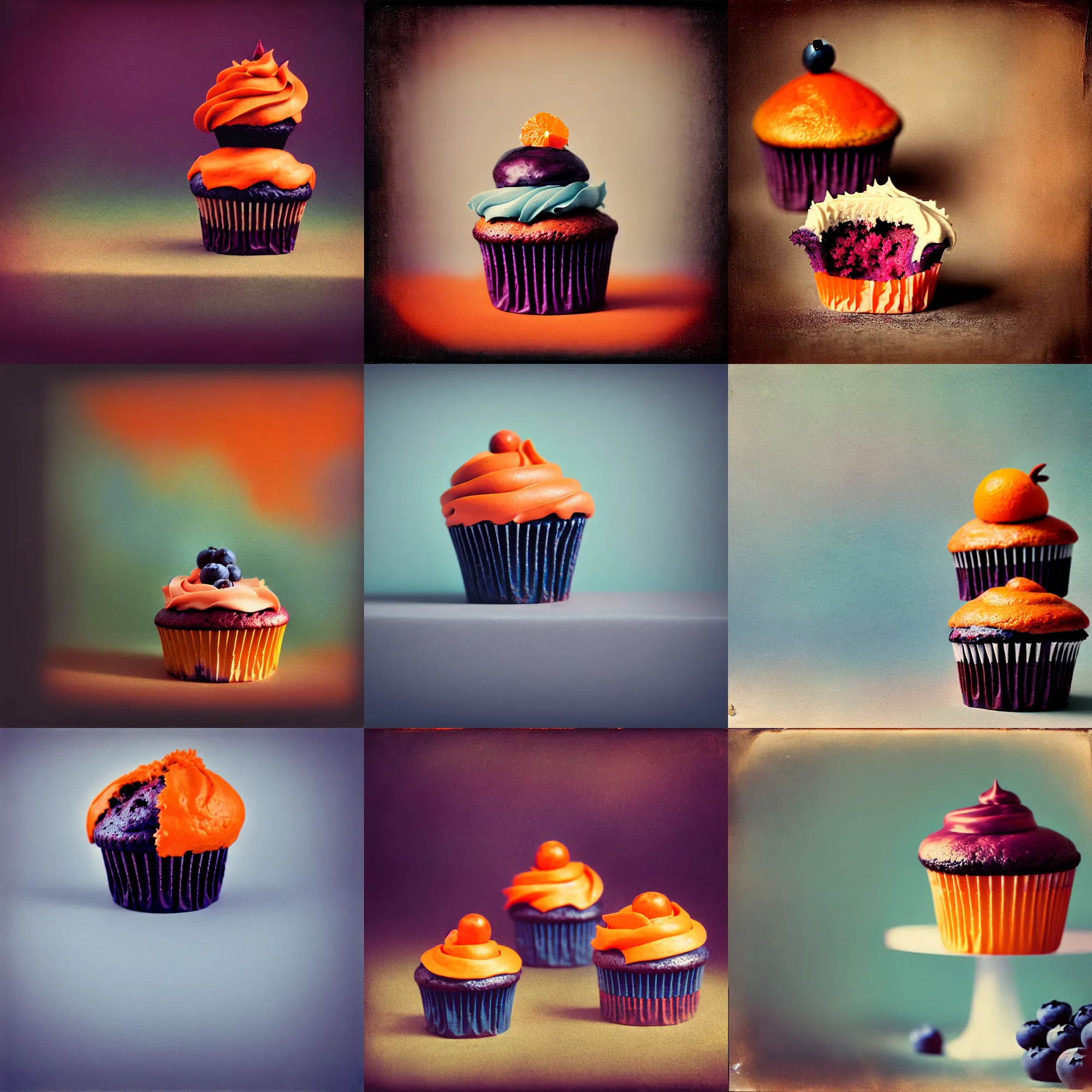 Prompt: kodak portra 4 0 0, wetplate, muted colours, 1 9 2 0 s, motion blur, still life photo of a backdrop, coloured in blueberry cupcake and orange, in the style of britt marling,