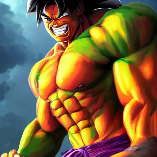 Prompt: son goku as the incredible hulk, greg rutkowski artstyle, artstation, macro, vibrant, digital, wide shot, portrait, hd, cinematic, dramatic, ultra realistic, ultra detailed, 8 k, 4 k