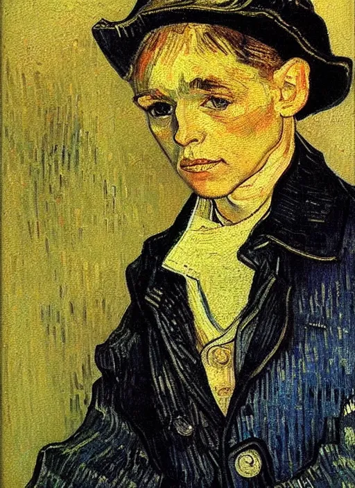 Image similar to lifelike oil painting portrait of oliver twist by van gogh