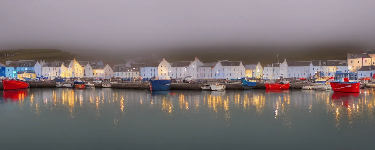 Prompt: a color photograph of the harbour at Stromness, by Vanda Ralevska, wide angle, background blur, bokeh, ethereal, fog, quiet, tranquil, bright light, very high-key