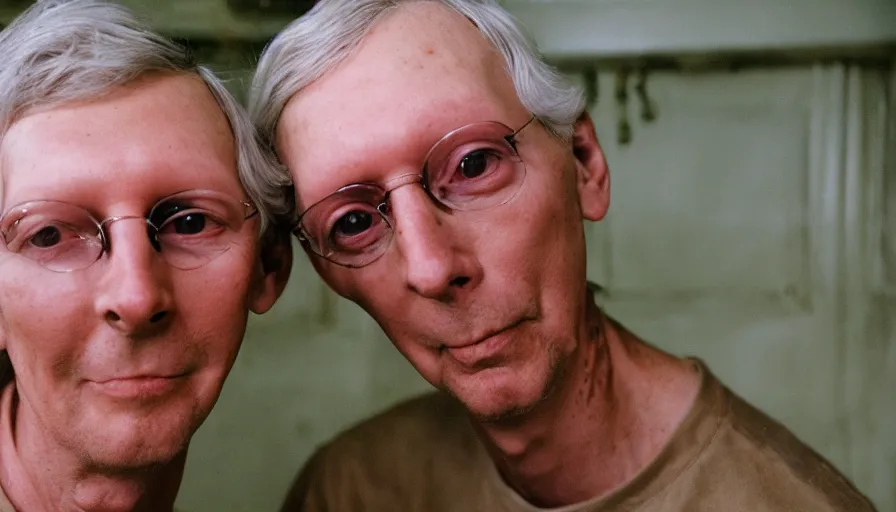 Image similar to far view, extremely skinny malnourished mitch mcconnell, wearing dirty overalls, dirty greasy face, grin, portrait, close up, kodak gold 2 0 0, 5 0 mm,