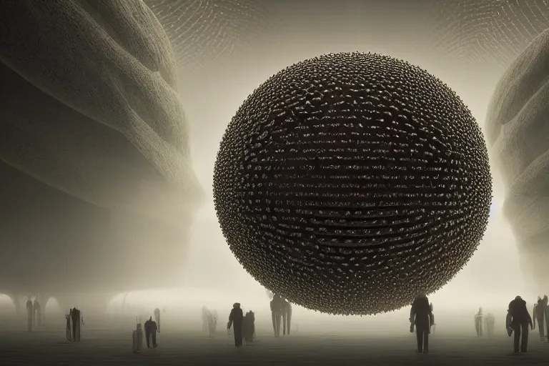 Image similar to a complex organic fractal 3 d ceramic symbiotic humanoid megastructure, cinematic shot, foggy, photo still from movie by denis villeneuve