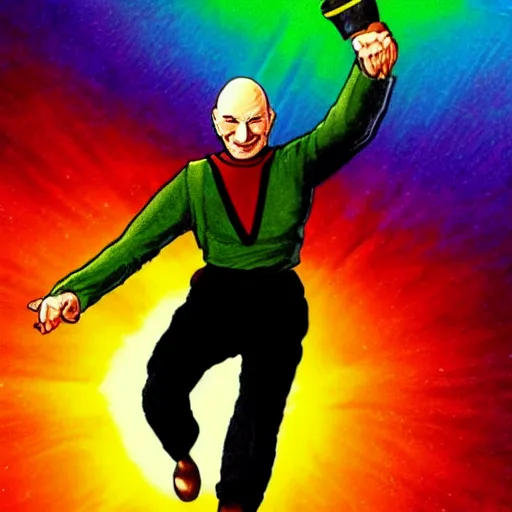 Prompt: Captain Picard riding on a rainbow, highly detailed